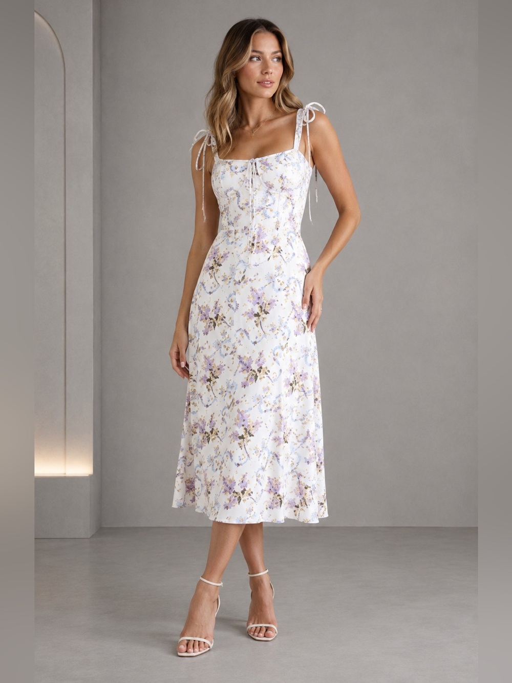 House of CB Dionne Off White Floral Print Cotton Midi Dress B3403